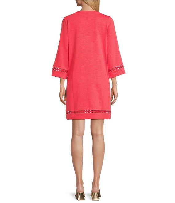 Tommy Bahama Sunset Harbor Solid Cotton Slub Jersey Split V-Neck Bell Sleeves Embroidered Trim A-Line Dress Product Image