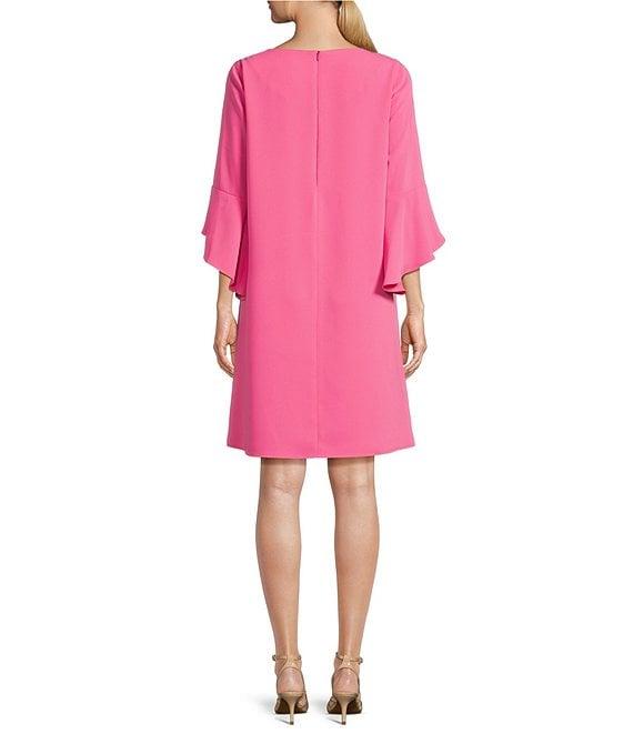 Caroline Rose Julia Matte Crepe 3/4 Ruffle Sleeve Shift Round Neck Shift Dress Product Image
