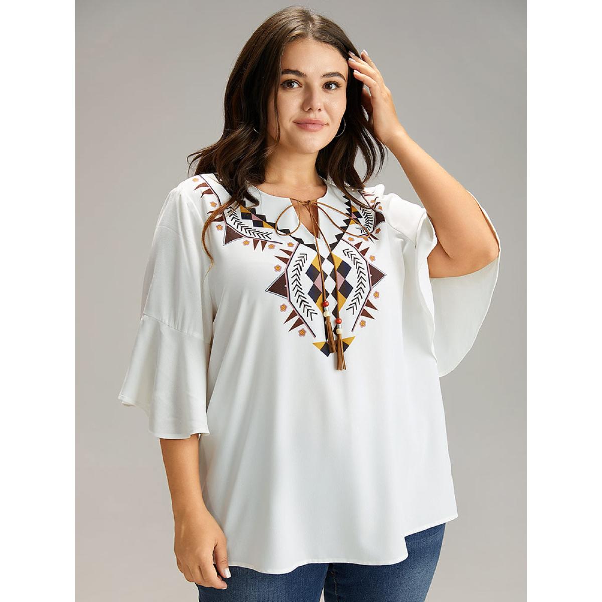 Plus Size White Bandana Patchwork Tassel Trim Flutter Sleeve Blouse Women Vacation Half Sleeve Tie Neck Vacation Blouses BloomChic 14-16/1X Product Image