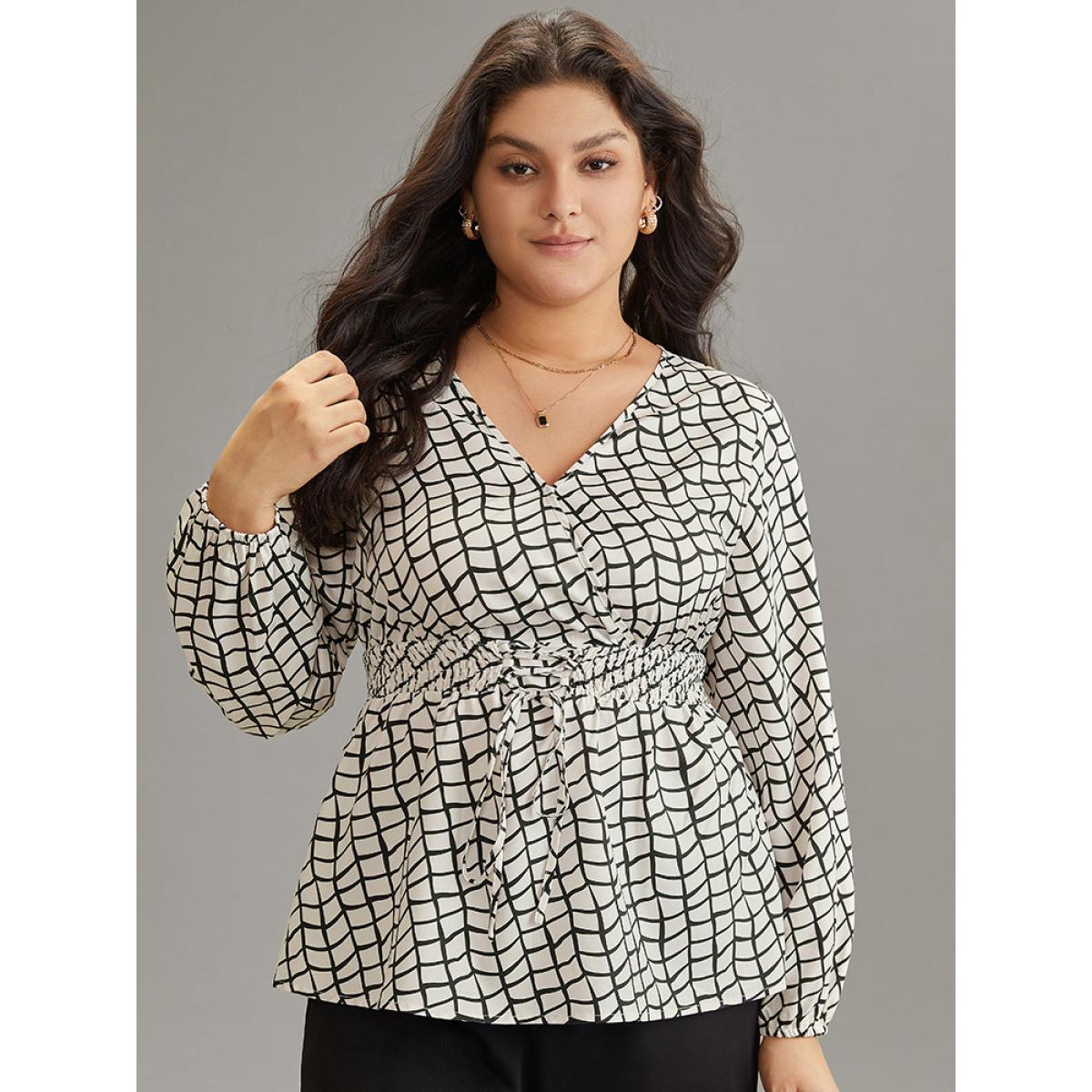 Plus Size White Plaid Lace Up Overlap Collar Shirred Blouse Women Office Long Sleeve Overlap Collar Work Blouses BloomChic 14-16/1X Product Image