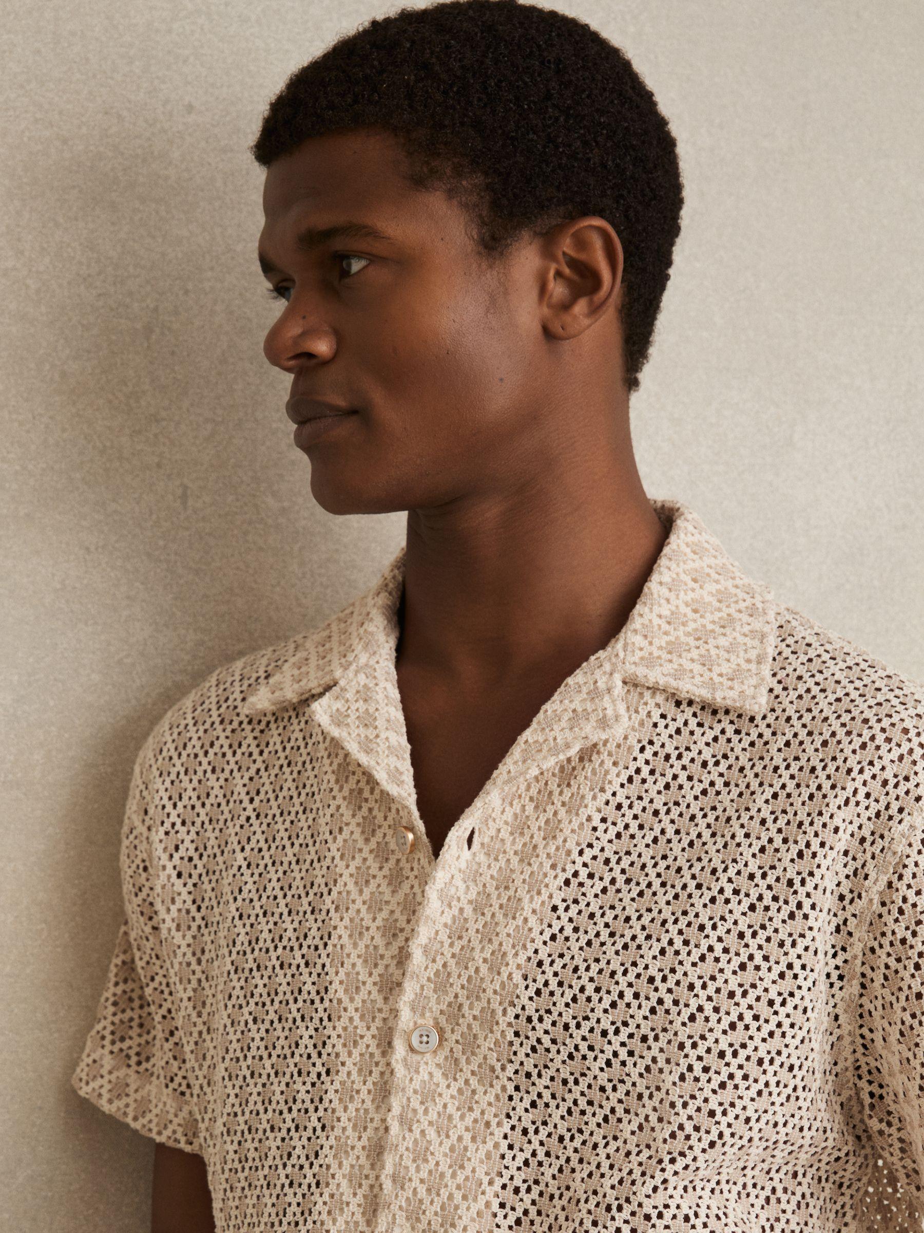 Crochet Cuban-Collar Shirt in Oatmeal Product Image