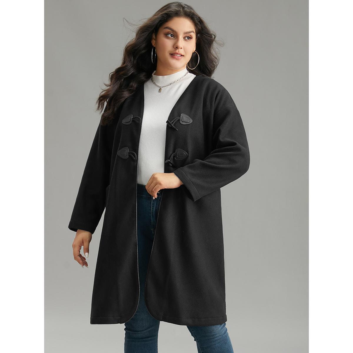Plus Size Plain Duffle Button Pocket Coat Women Black Casual Plain Ladies Dailywear Winter Coats BloomChic 12/L Product Image
