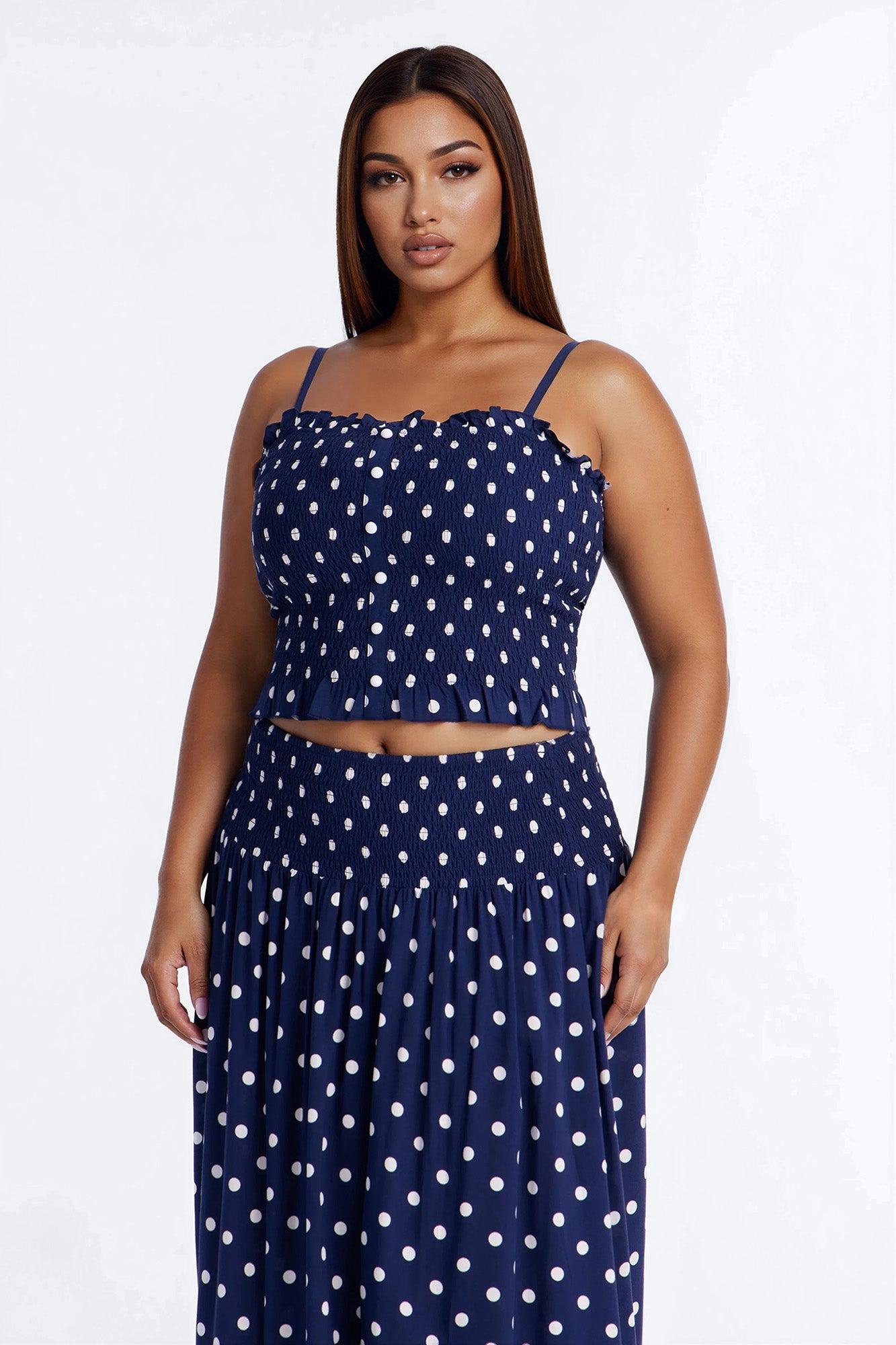Sasha Satin Polka Dot Maxi Skirt Set - Navy/combo Female Product Image
