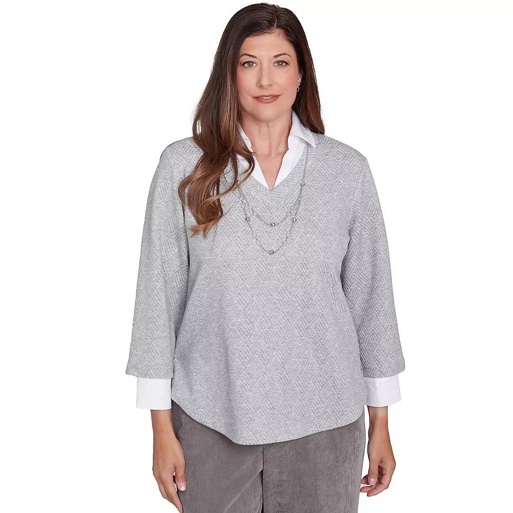 Women's Alfred Dunner Collared Two-In-One Pullover Top with Necklace, Size: Large, Silver Product Image