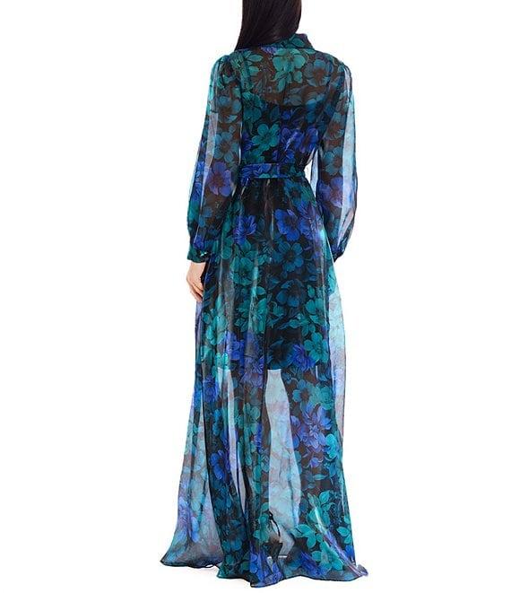 Julia Jordan Printed Organza Collar Neckline Long Sleeve Sheer Belted Maxi Shirt Dress Product Image
