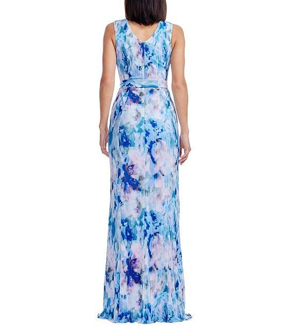 Dress the Population Sandra V-Neck Sleeveless Floral Printed Chiffon Front Slit Sheath Gown Product Image