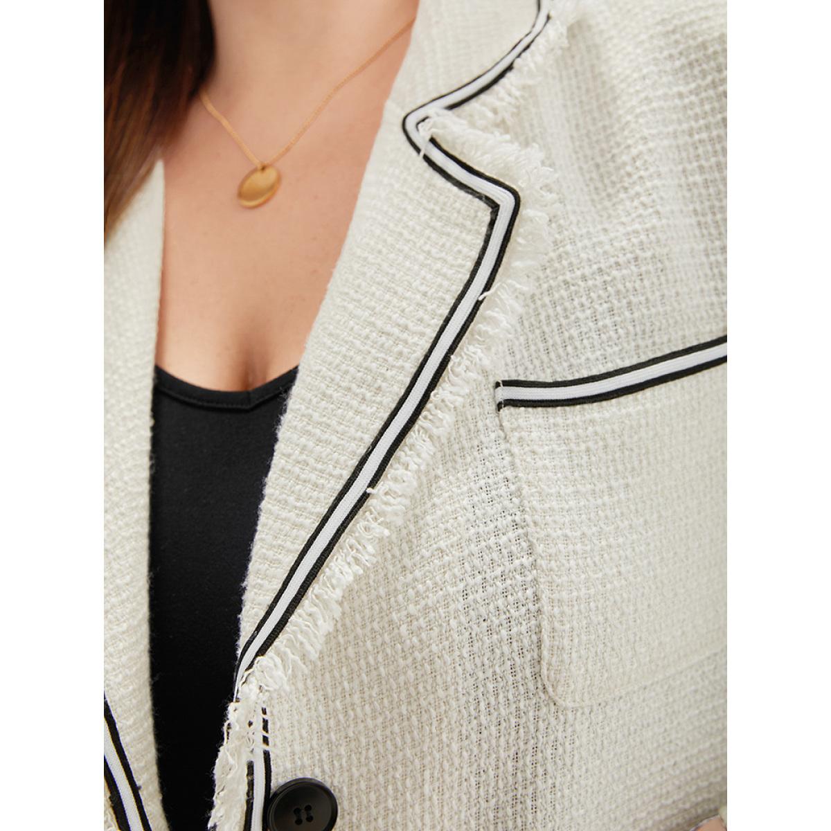 Plus Size Lapel Collar Tweed Contrast Fuzzy Trim Blazer White Women Office Plain Texture Sleeve Long Sleeve Lapel Collar 18-20/2X Pocket Office Blazers BloomChic Product Image