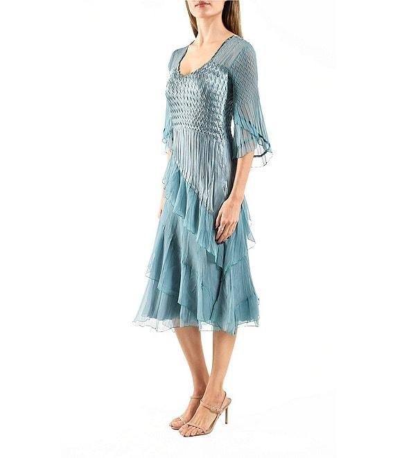 Komarov Charmeuse Chiffon Tulip Sleeve Tiered Diagonal Hem Fit & Flare Midi Dress Product Image