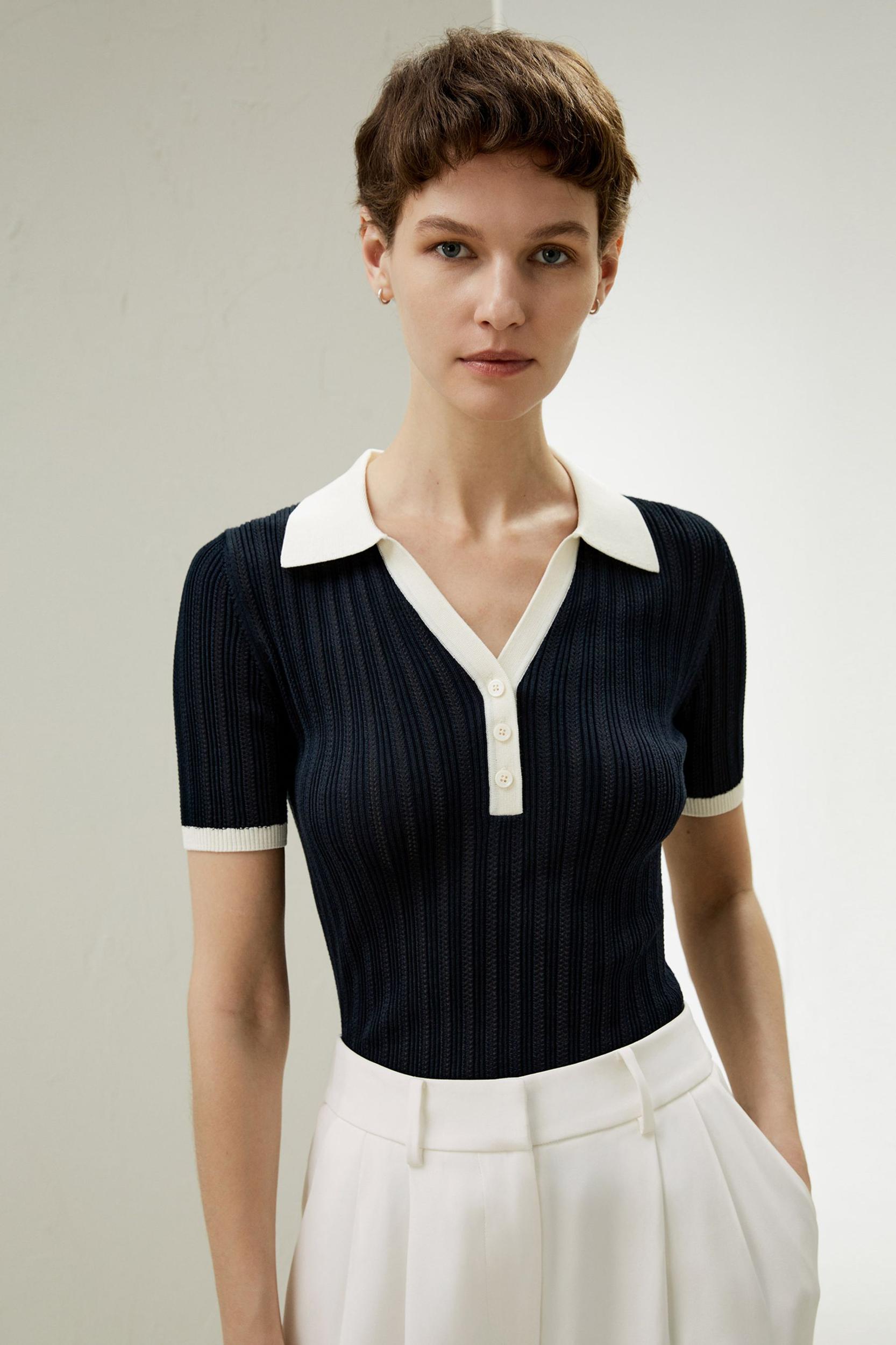 V Neck Ribbed Silk Knit Top Product Image