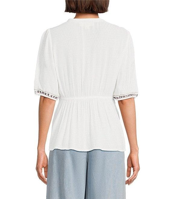 Nurture Embroidered V-Neck Elbow Puff Sleeve Top Product Image