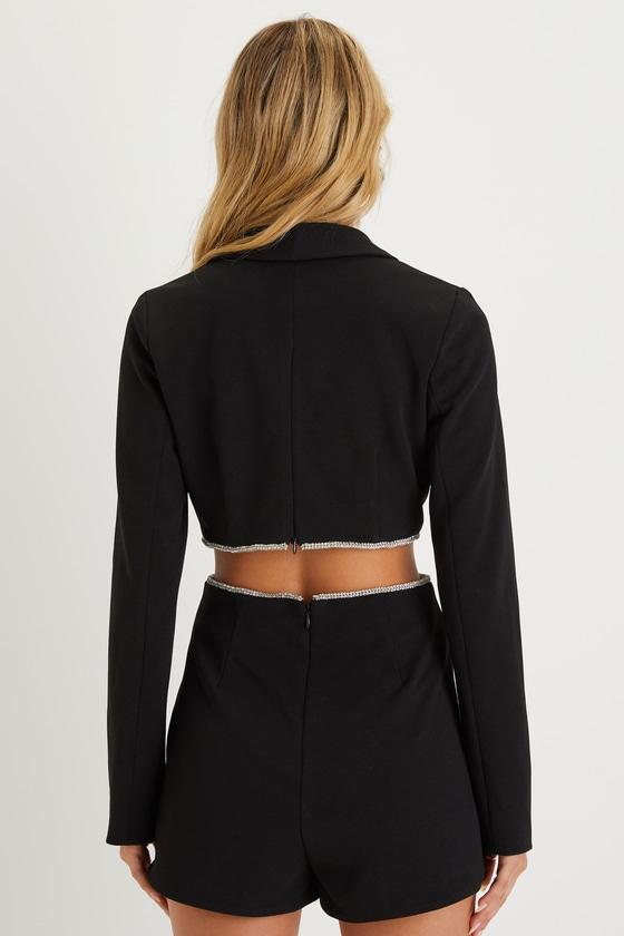 Sparkling Delight Black Rhinestone Cutout Collared Romper Product Image