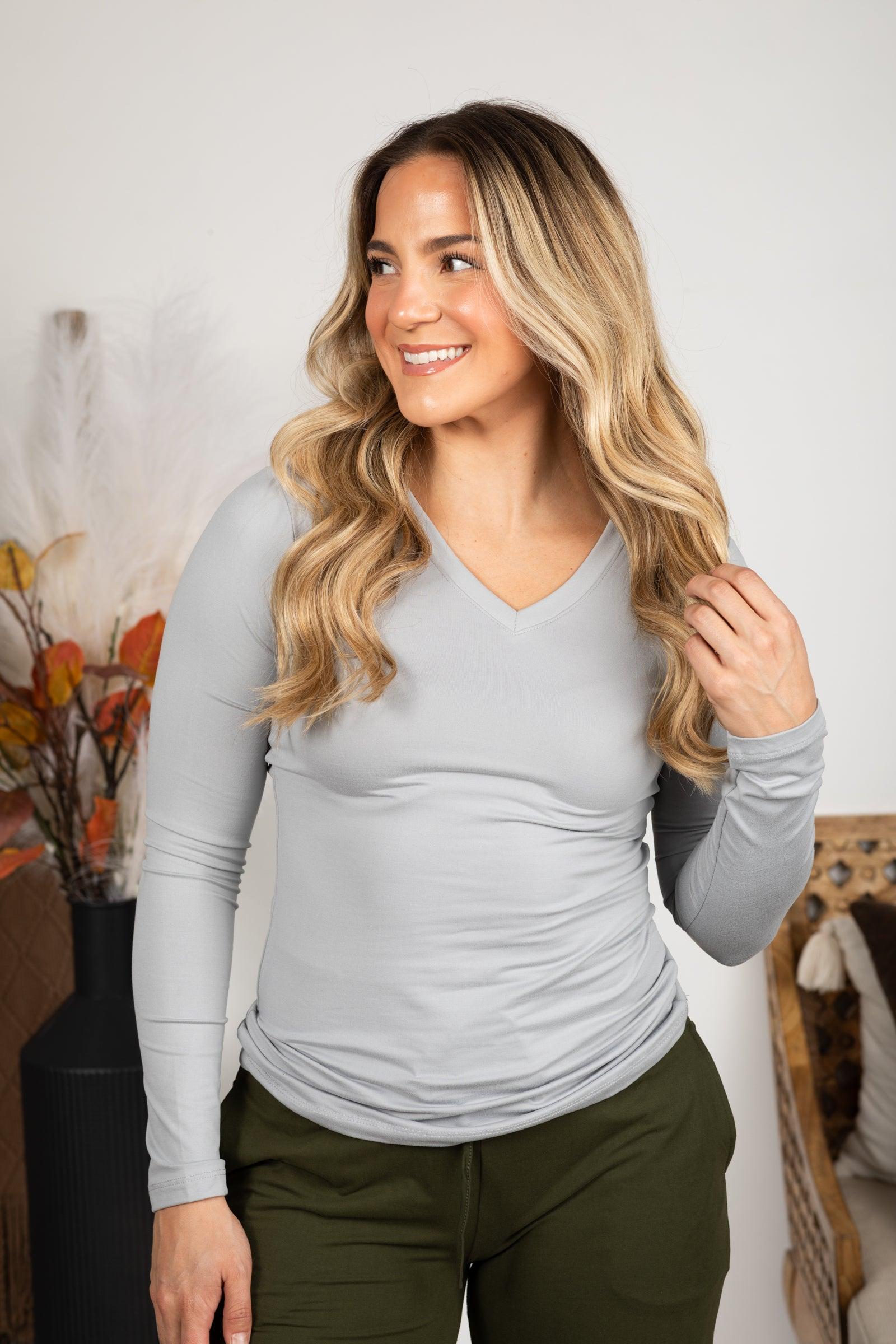 Brushed Microfiber Long Sleeve V-Neck Knit Top Product Image