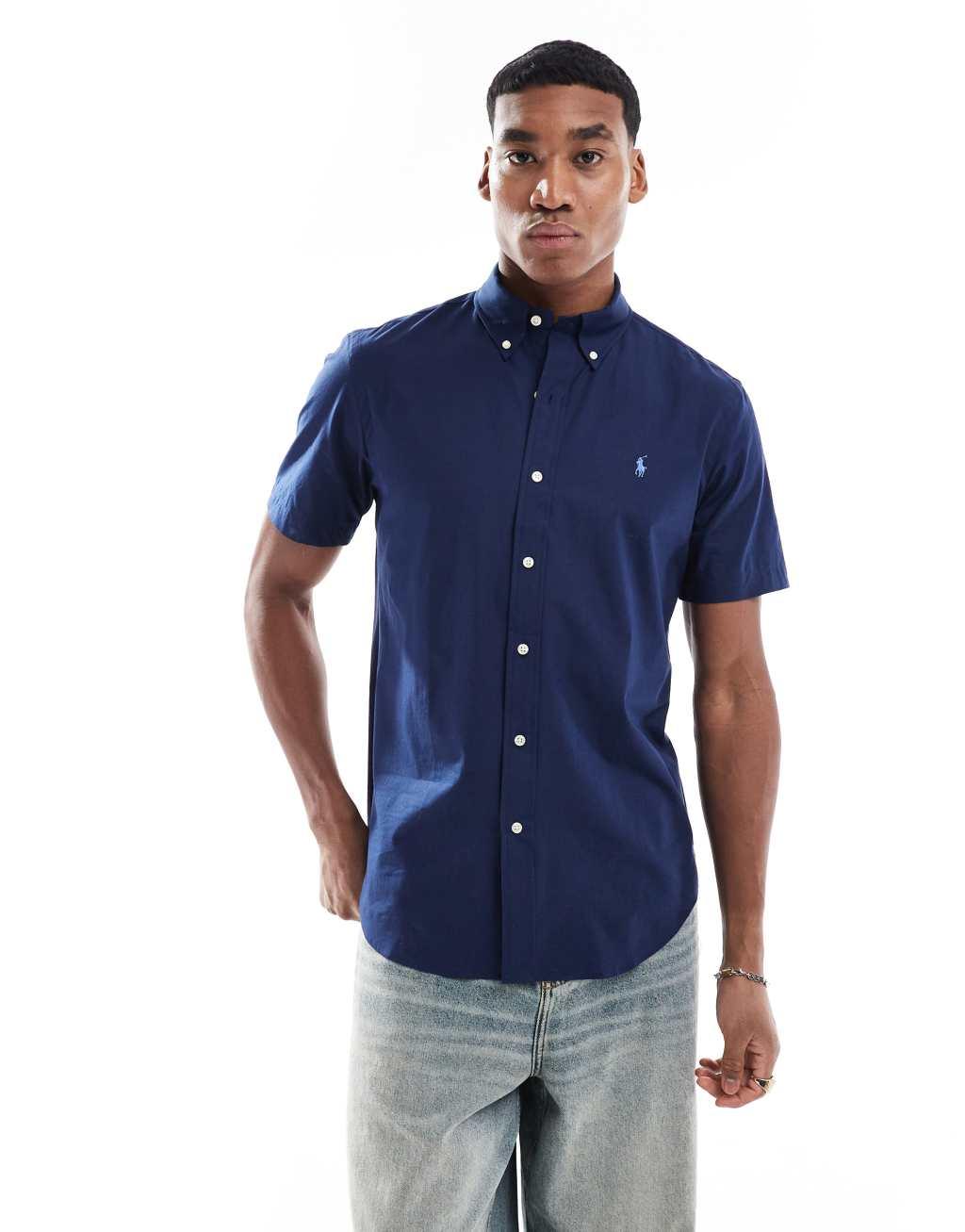Polo Ralph Lauren icon logo short sleeve poplin shirt custom fit in navy Product Image