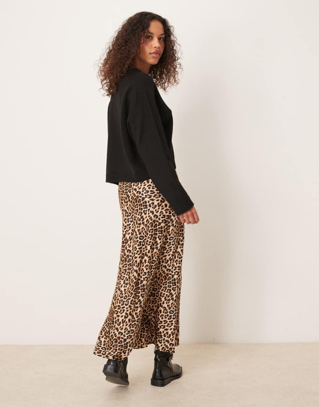 VILA satin midi skirt in leopard print Product Image