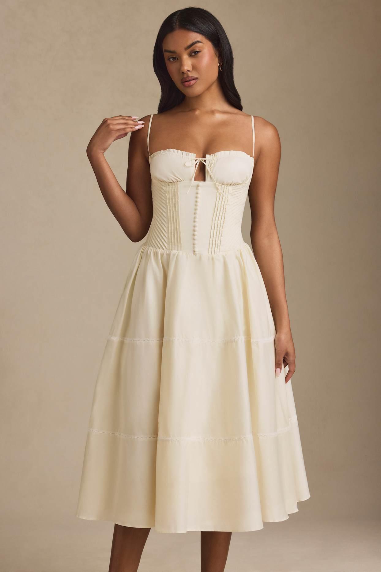 Lace-Trim Pintucked Poplin Midaxi Dress in Ivory Product Image