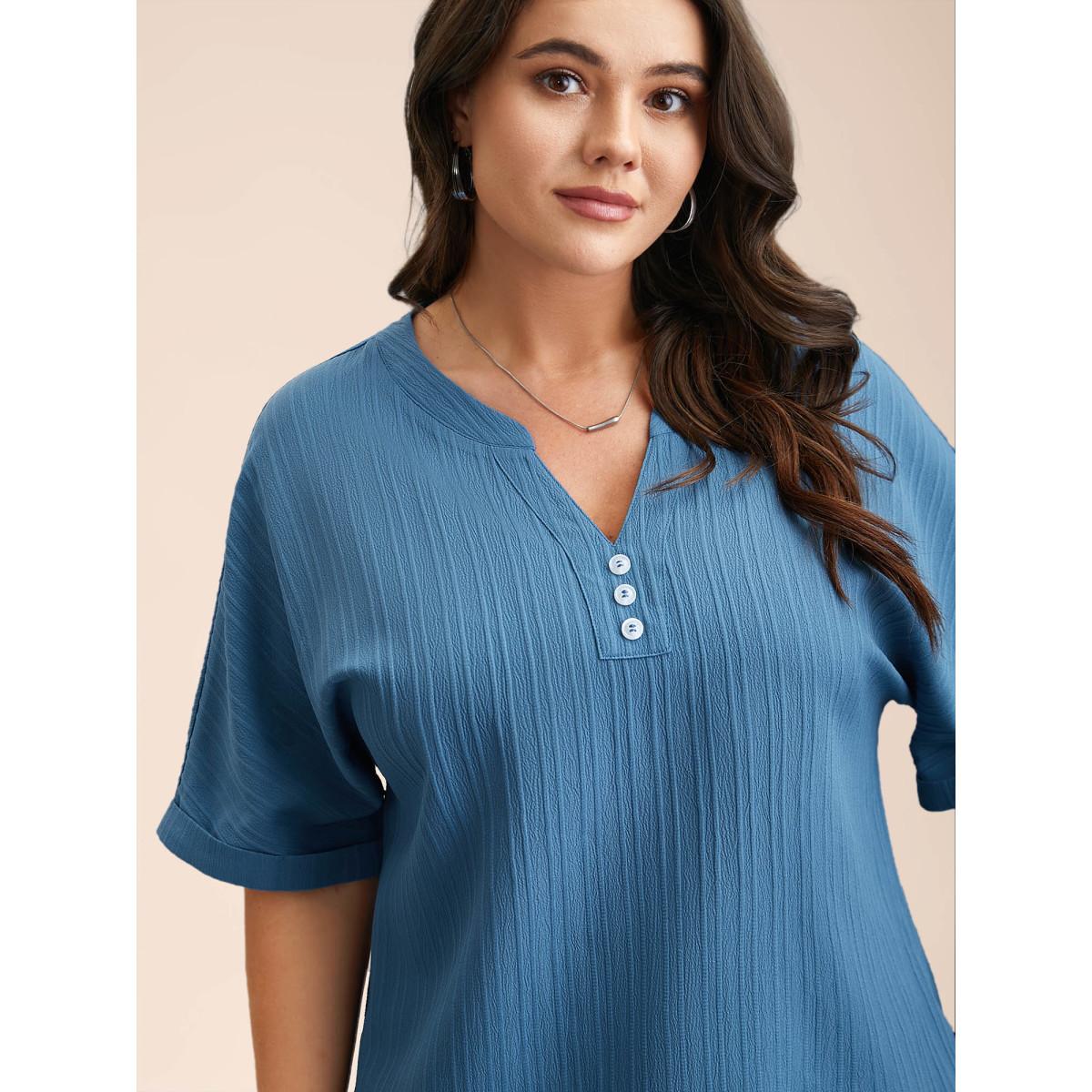 Plus Size Cerulean Notched Collar Textured Button Blouse Women Elegant Short sleeve V-neck Everyday Blouses BloomChic 12/L Product Image