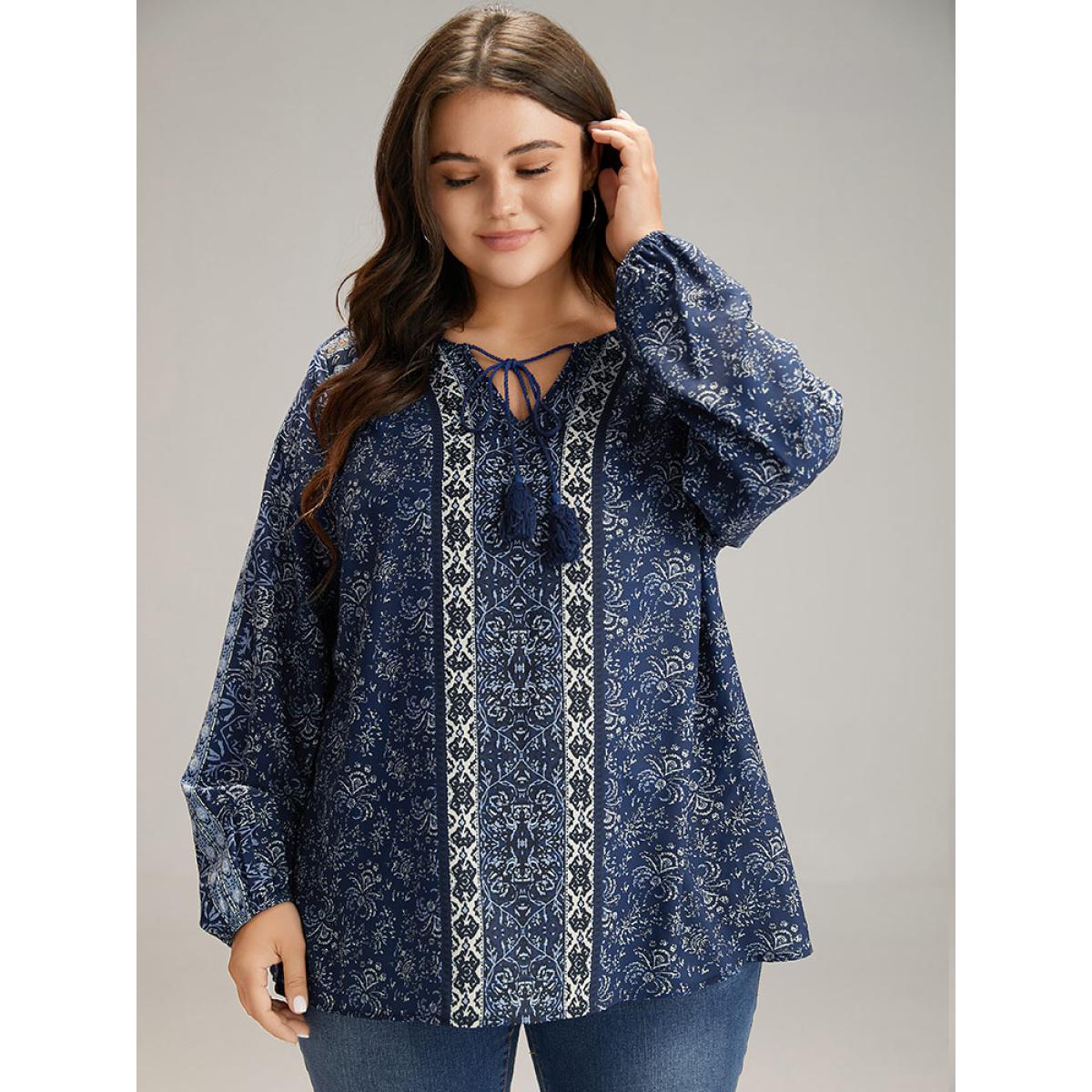 Plus Size Indigo Bandana Print Tassels Ties Blouse Women Vacation Long Sleeve Tie Neck Dailywear Blouses BloomChic 30/6X Product Image