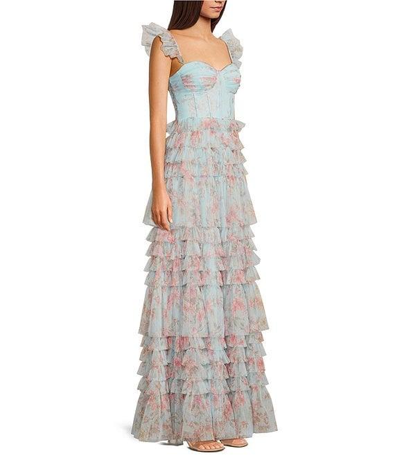 B. Darlin Floral Print Sweetheart Neck Bustier Spaghetti Strap Flutter Sleeve Ruffle Dress Product Image