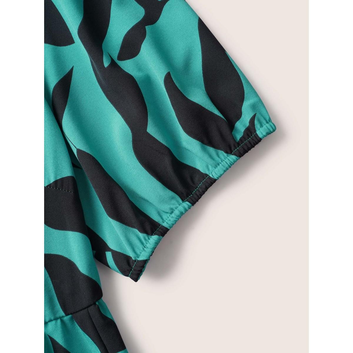 Plus Size Silhouette Floral Print Mock Neck Midi Dress Teal Women Elegant Gathered Mock Neck Short sleeve Curvy BloomChic 12/L Product Image