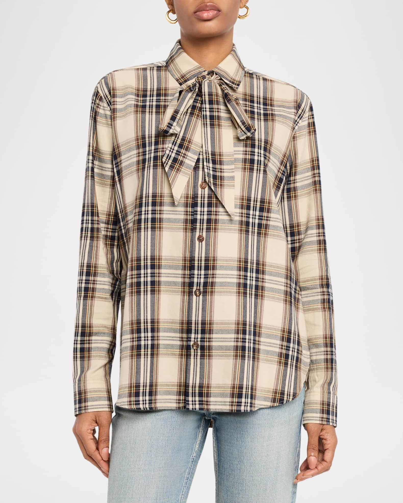 Neck-Tie Plaid Button-Down Blouse Product Image