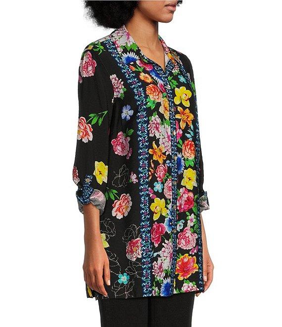John Mark Floral Point Collar Long Roll-Tab Sleeve Button-Front Tunic Product Image