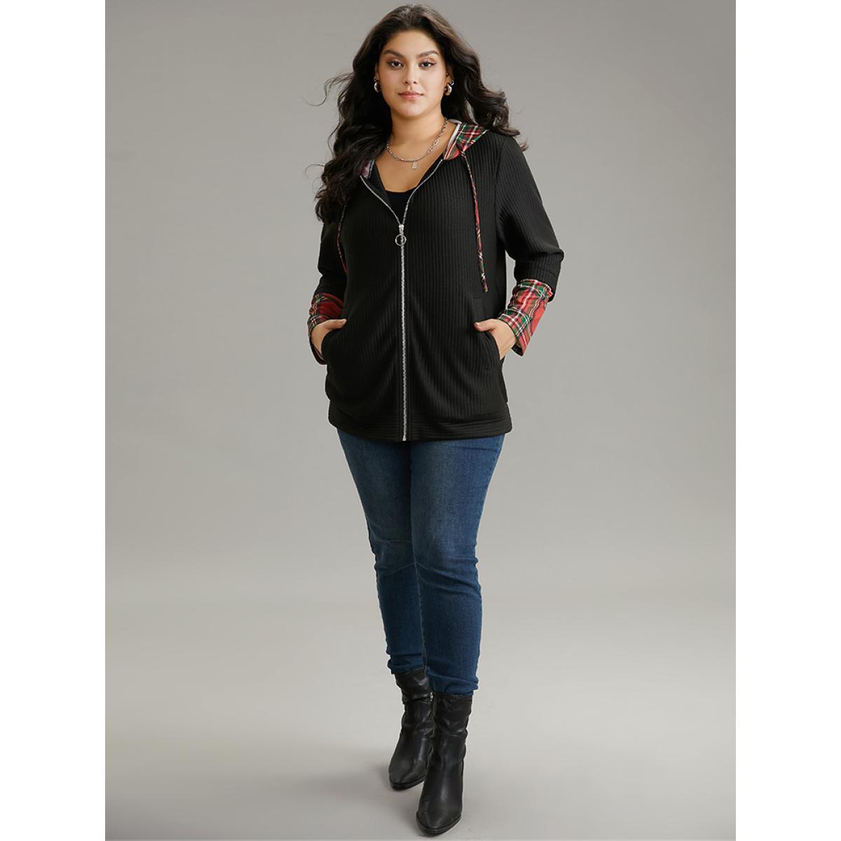 Plus Size Christmas Plaid Patchwork Hooded Zipper Sweatshirt Women Black Casual Contrast Hooded Dailywear Sweatshirts BloomChic 10/M Product Image