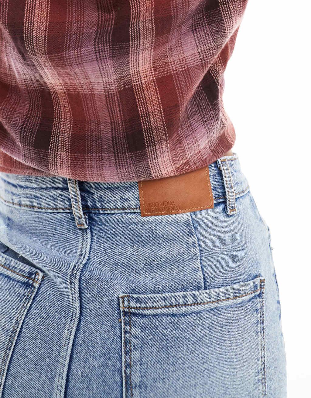 Vero Moda denim midi skirt with tie waist in light blue Product Image