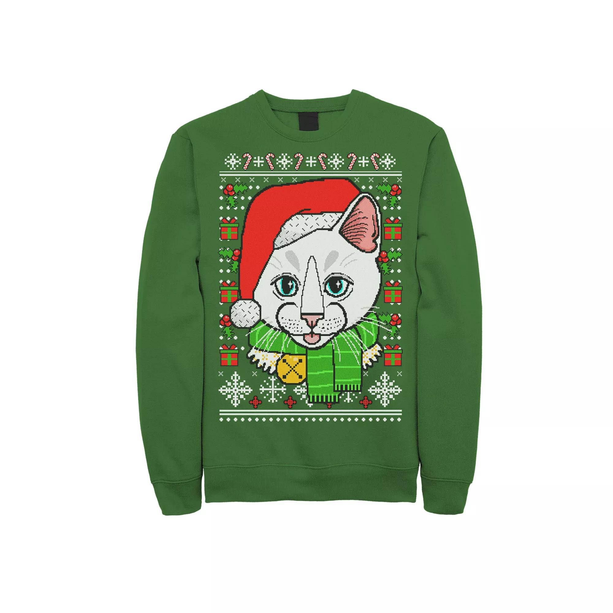 Men's Cat In Santa Hat Knit Style Graphic Fleece Pullover, Size: XL, Kelly Product Image