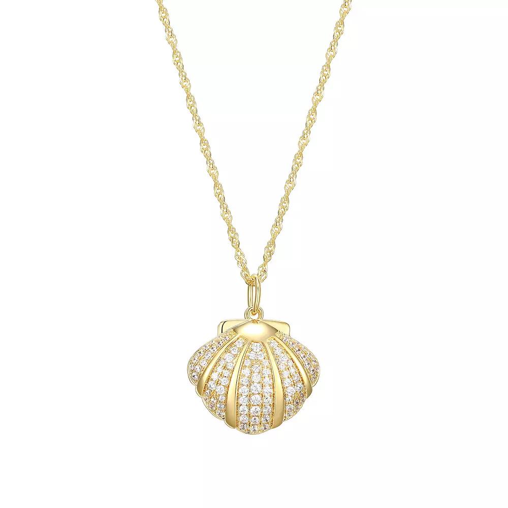 Dynasty Jade 18k Gold Over Sterling Silver Jade & Cubic Zirconia Clam Shell Pendant Necklace, Women's, Size: 18", Gold Tone Product Image