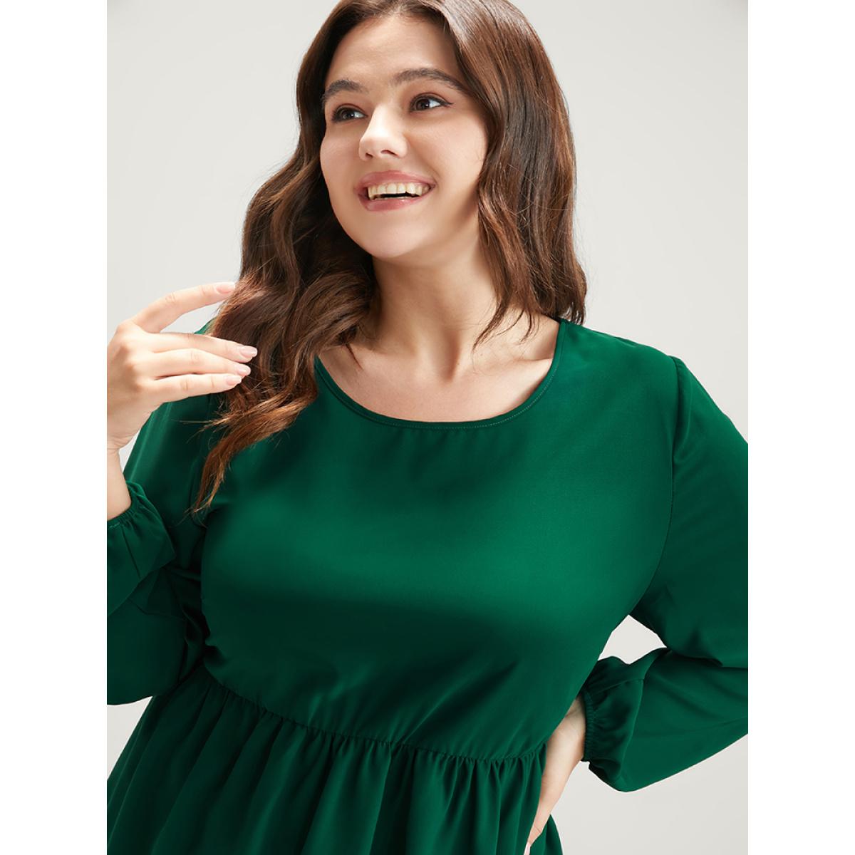 Plus Size DarkGreen Solid Lantern Sleeve High Low Hem Flutter Blouse Women Elegant Long Sleeve Round Neck Dailywear Blouses BloomChic 18-20/2X Product Image