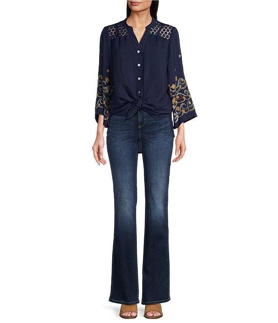 Figueroa & Flower Mandarin Collar Embroidered 3/4 Bell Sleeve Button-Front Blouse Product Image