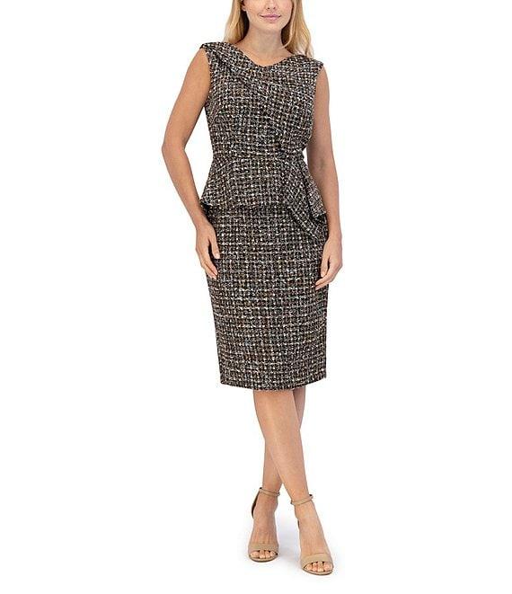 Eliza J Boucle V-Neck Sleeveless Peplum Sash Dress Product Image