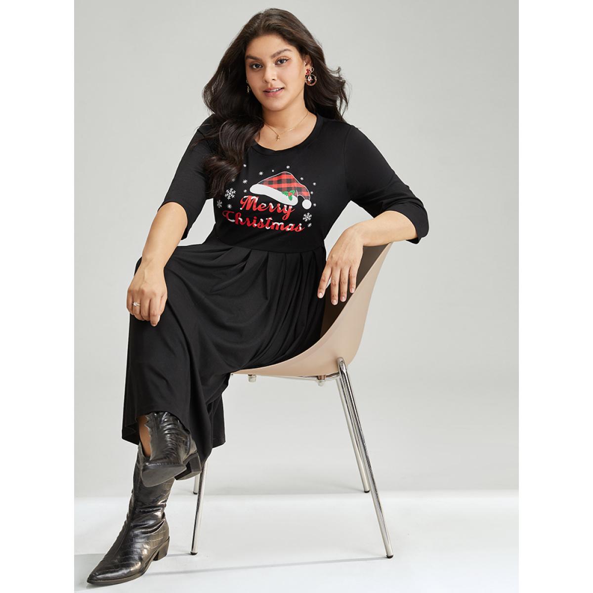 Plus Size Christmas Print Plicated Detail Elastic Waist Dress Black Women Casual Printed Curvy Midi Dress BloomChic 10/M Product Image