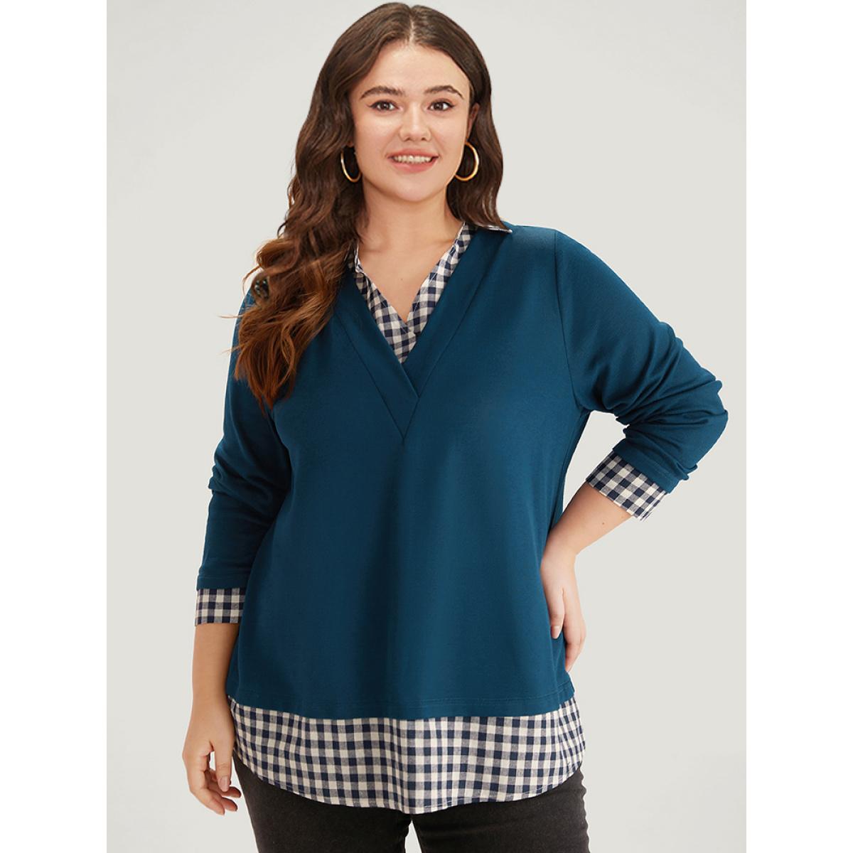 Plus Size Gingham Patchwork Shirt Collar Arc Hem Sweatshirt Women Blue Leisure Patchwork V-neck Casual Sweatshirts BloomChic 14-16/1X Product Image