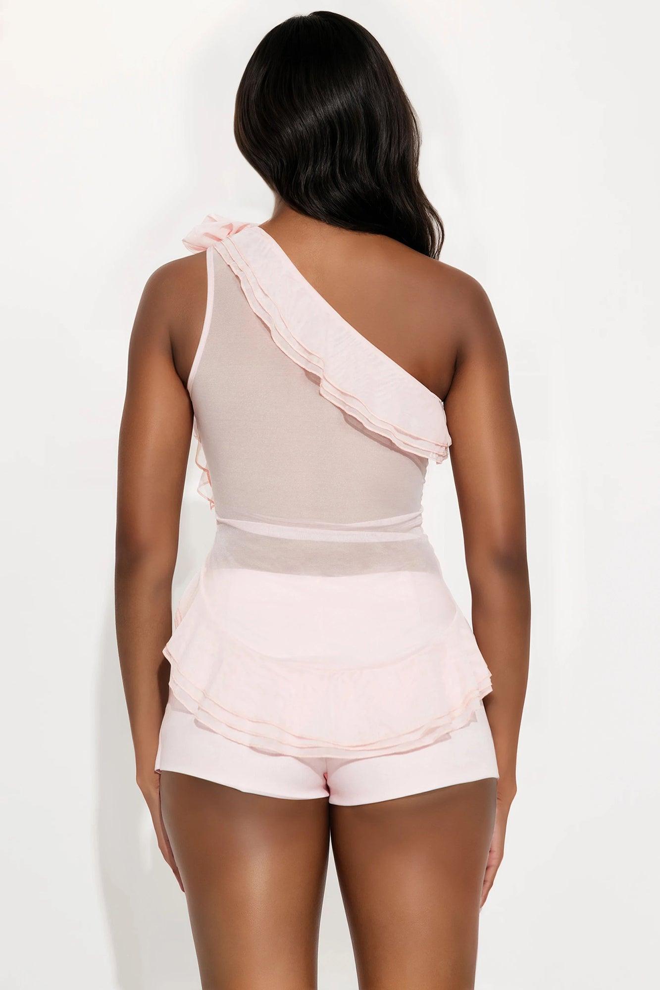 Latest Inspiration Mesh One Shoulder Ruffle Top - Pink Female Product Image