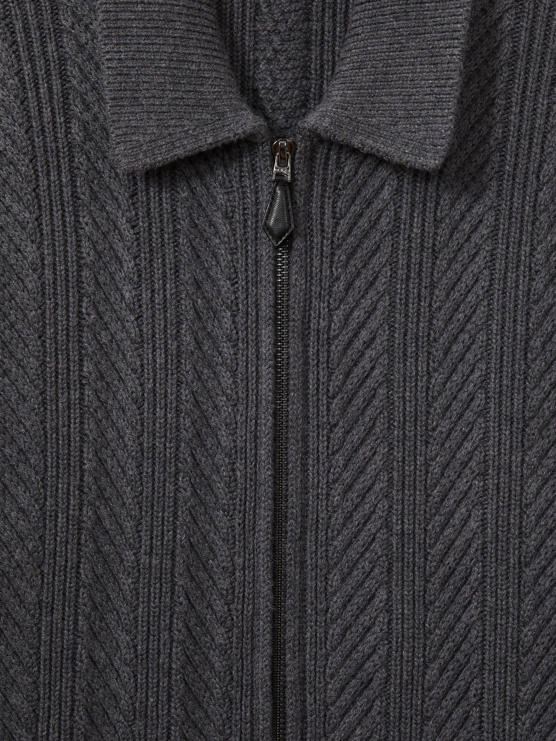 Zip Through Cabled Jumper with Cotton and Wool in Mid Grey Melange Product Image