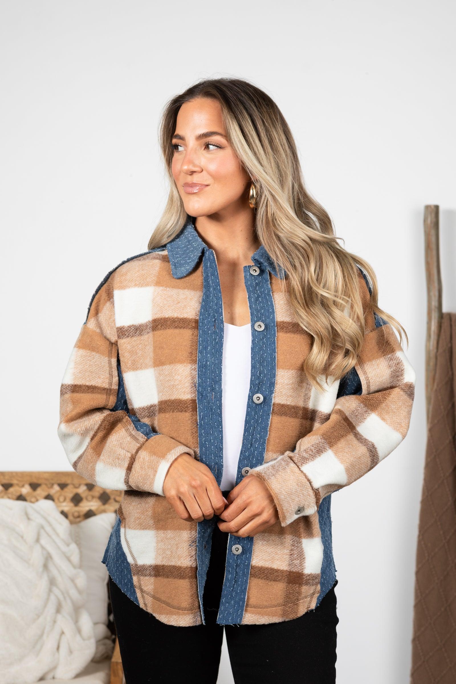 Textured Denim Contrast Plaid Shacket Product Image