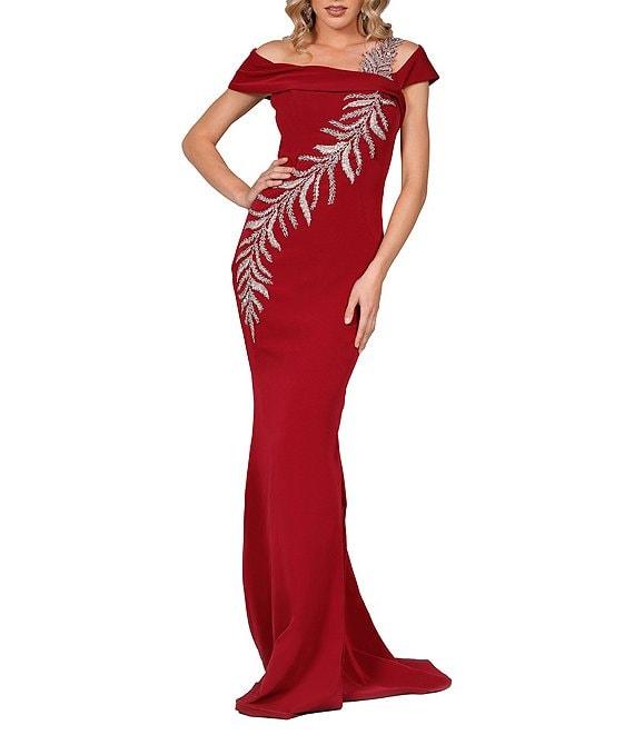 Terani Couture Off-the-Shoulder Short Sleeve Side Slit Cascading Leaf Bead Mermaid Gown Product Image