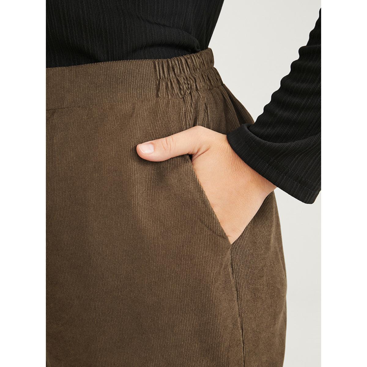 Plus Size Solid Pocket Elastic Waist Corduroy Pants Women Tan Office Mid Rise Office Pants BloomChic 14-16/1X Product Image
