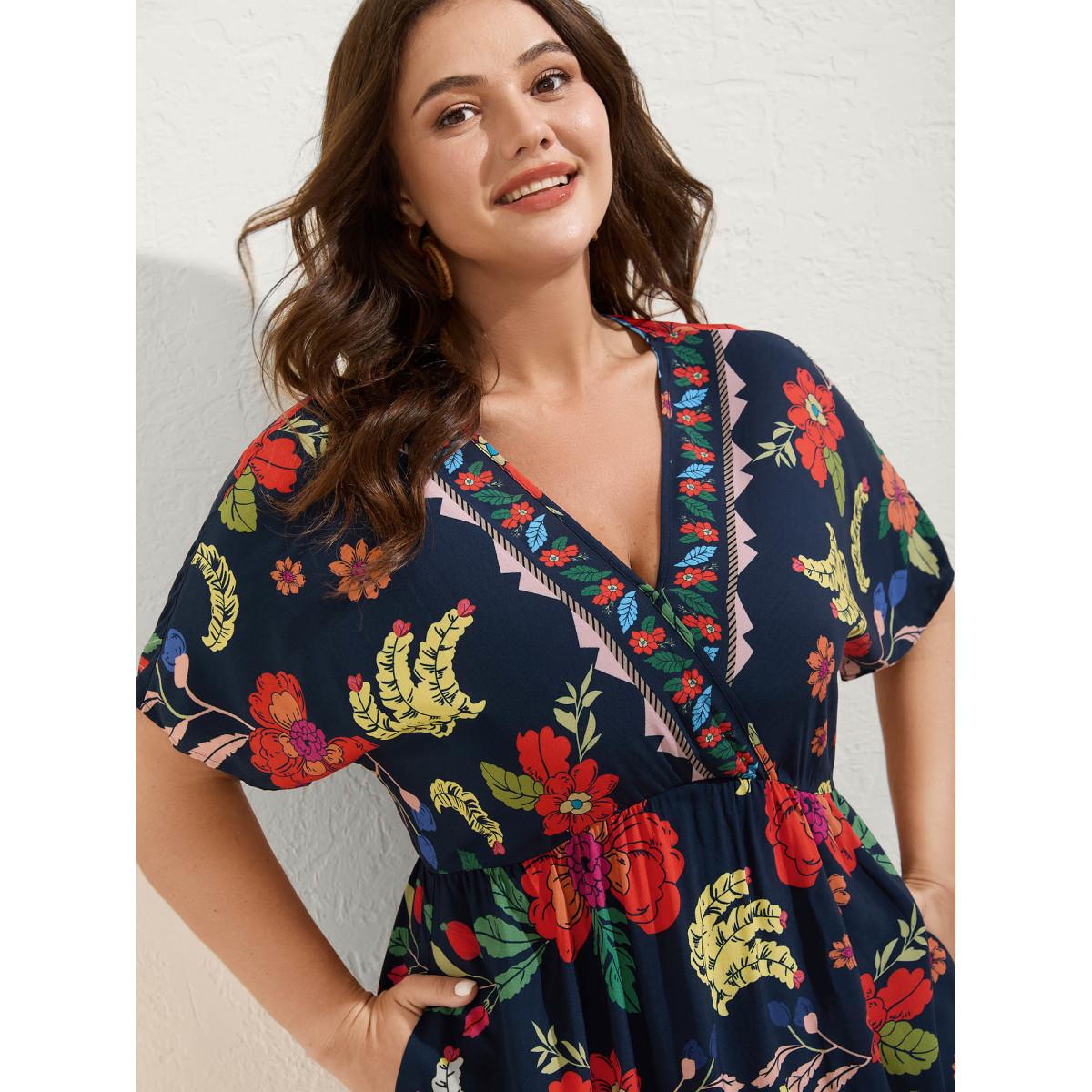 Plus Size Rayon Colorful Floral Split Side Midi Dress Navy Women Overlap Collar Short sleeve Curvy BloomChic 18-20/2X Product Image
