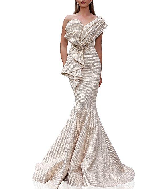Terani Couture One Shoulder 3D Ruffle Front Front Jacquard Mermaid Gown Product Image