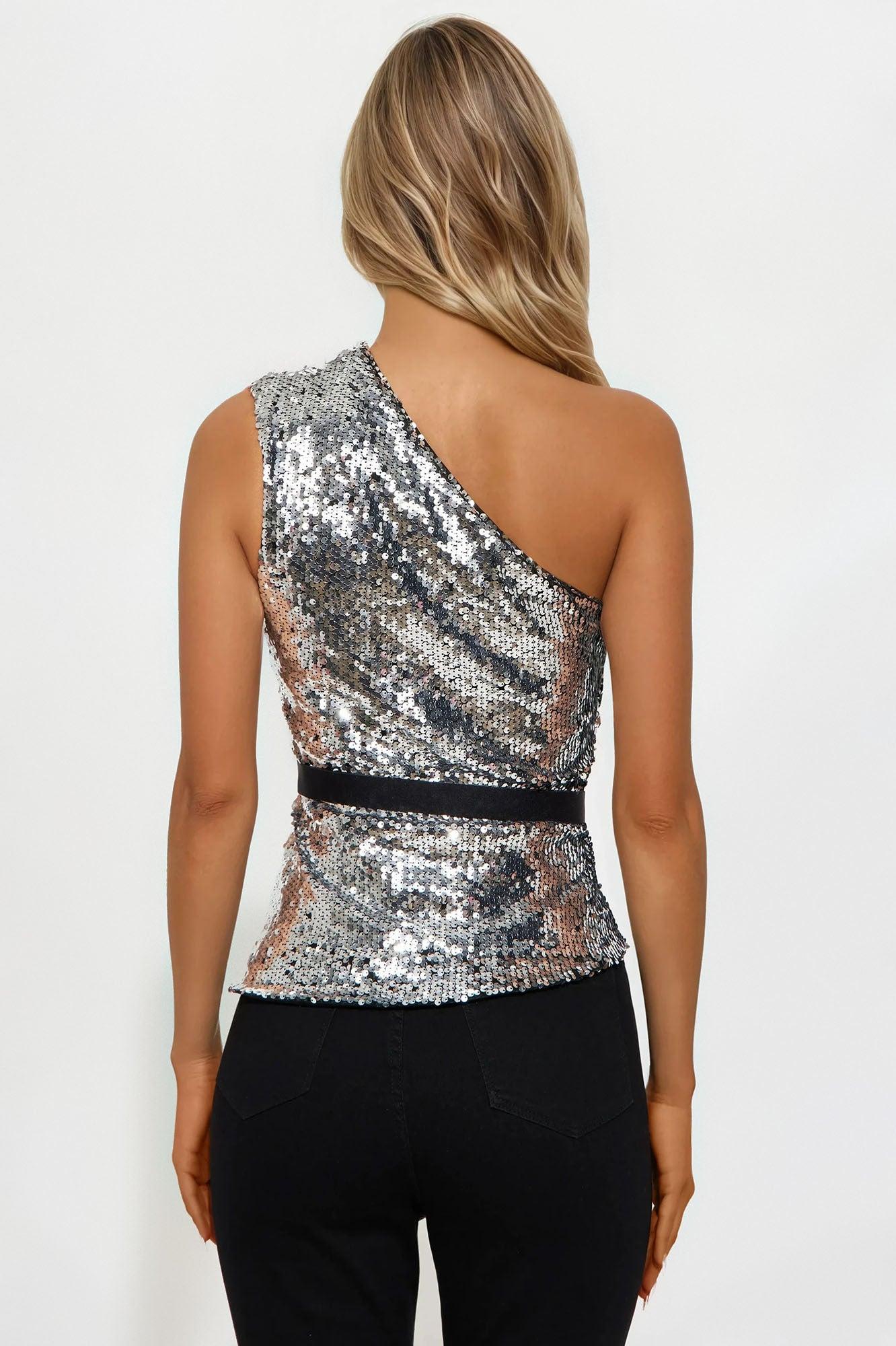 Disco Sparkle One Shoulder Sequin Blouse - Silver Female Product Image