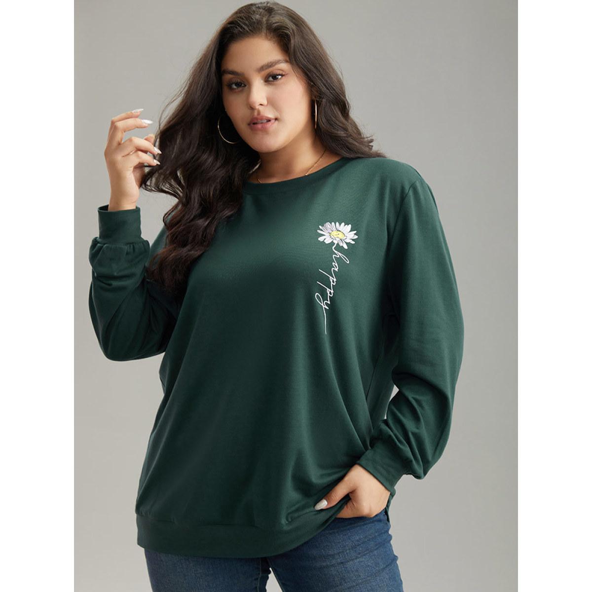 Plus Size Floral Print Round Neck Sweatshirt Women DarkGreen Casual Printed Dailywear Sweatshirts BloomChic 14-16/1X Product Image