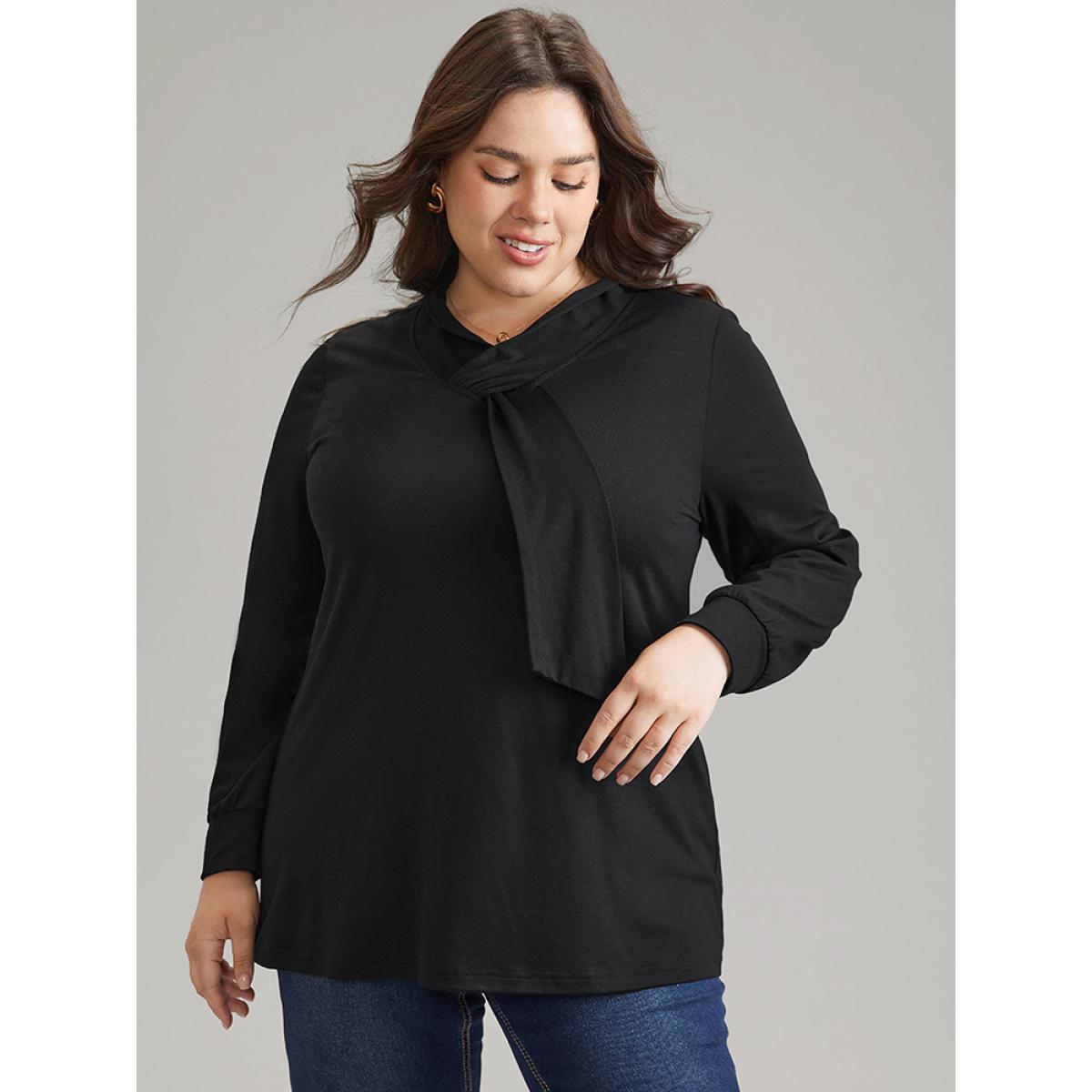 Plus Size Solid Twist Front Asymmetrical Neck Knit T-shirt Black Women Elegant Plain Plain Asymmetrical Neck Dailywear T-shirts BloomChic 14-16/1X Product Image