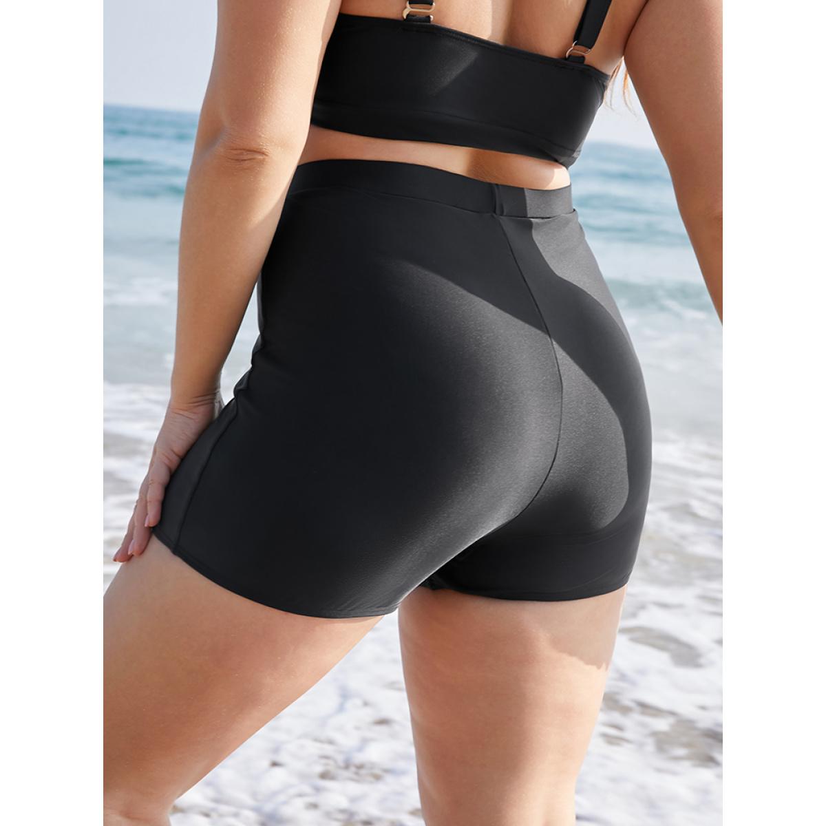 Plus Size Plain Elastic Waist Swim Shorts Women's Swimwear Black Beach Non High stretch Skinny High Rise Curve Swim Bottoms BloomChic 22-24/3X Product Image