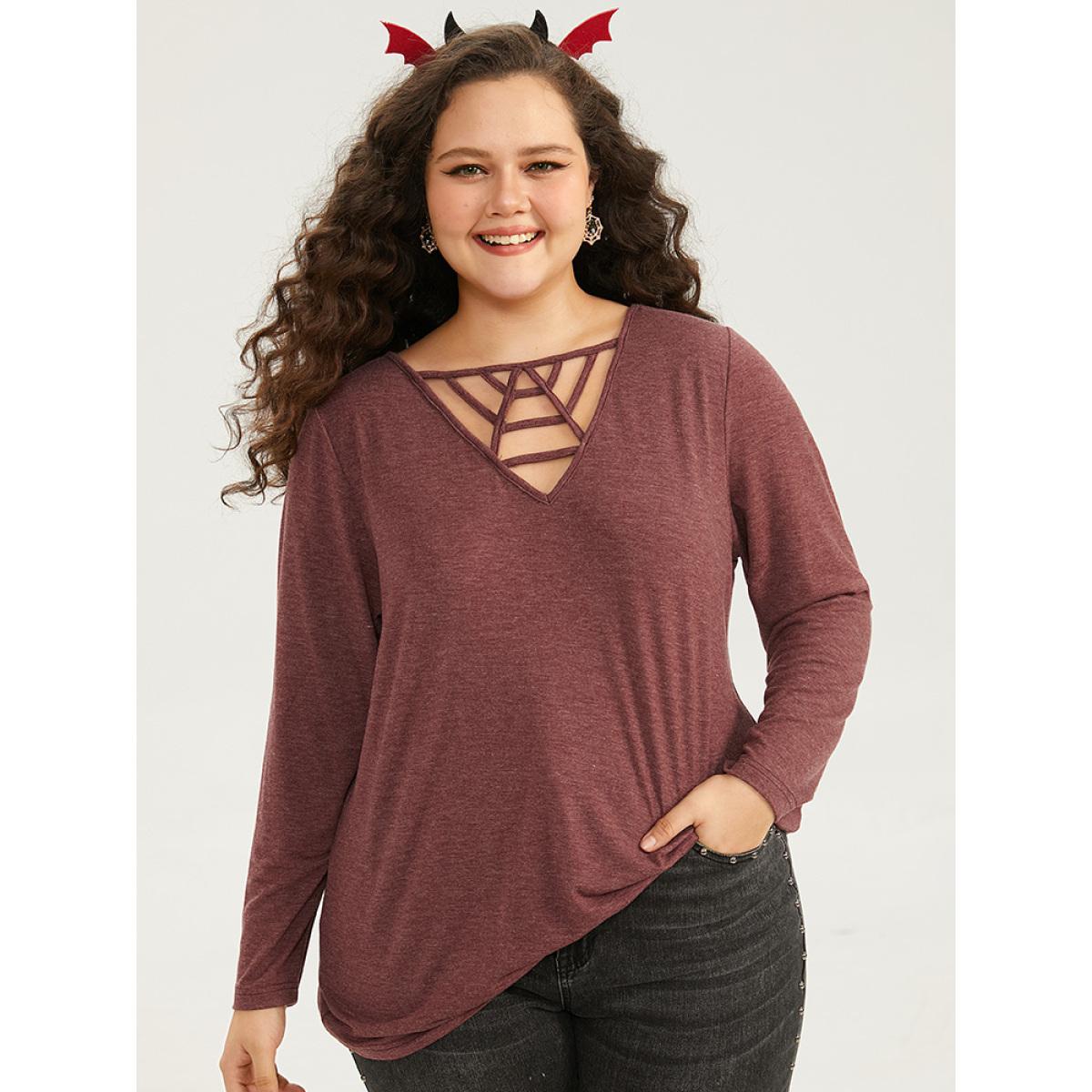 Plus Size Halloween Plain Cut Out T-shirt Russet Women Casual Plain Plain Keyhole Cut-Out Festival-Halloween T-shirts BloomChic 14-16/1X Product Image