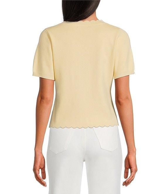 Skies Are Blue Petite Size Pearl Bow V-Neck Short Sleeve Sweater Cardigan Product Image