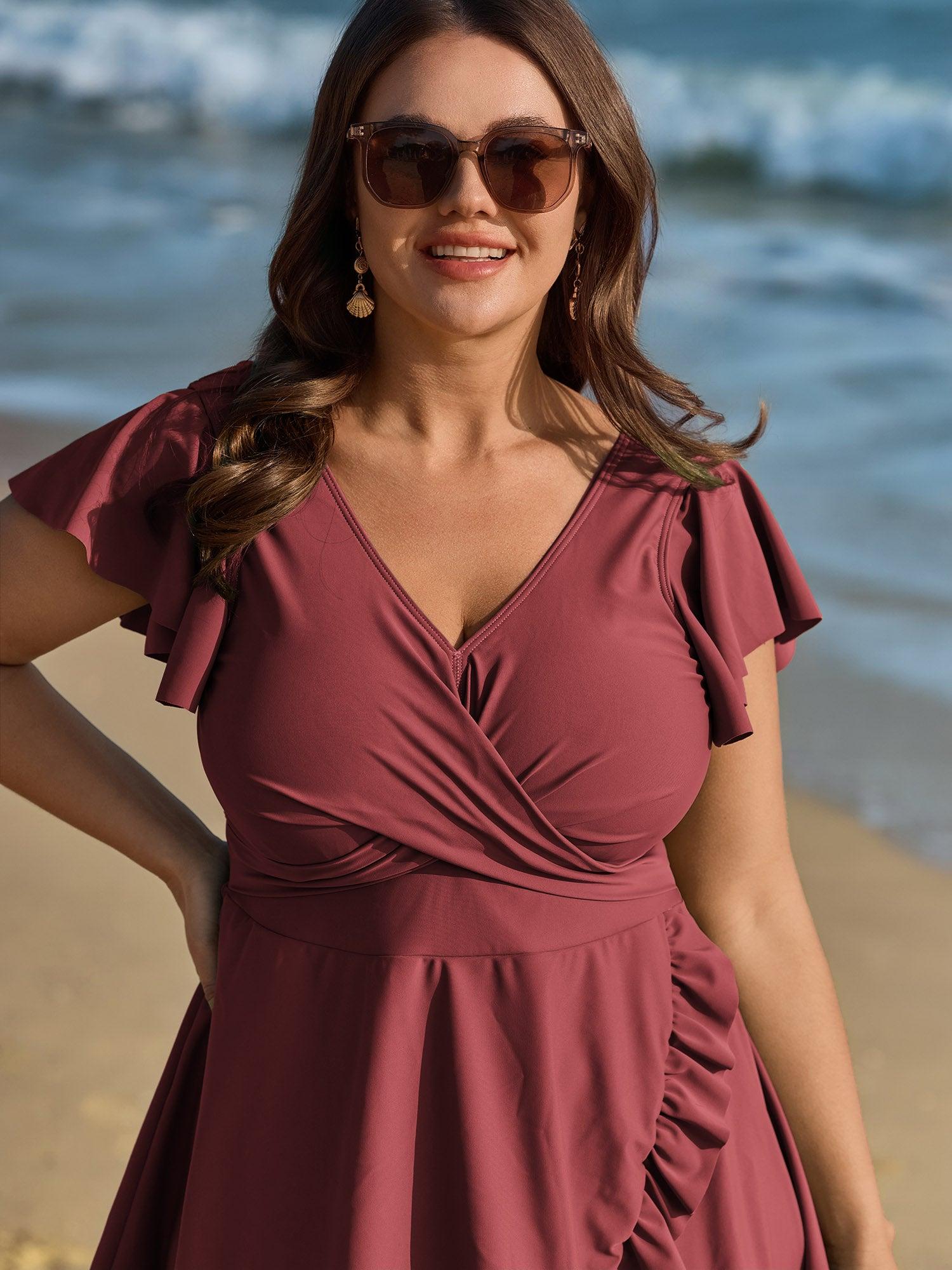 Ruffled Sleeve Curvy Hem Swim Dress Female Product Image