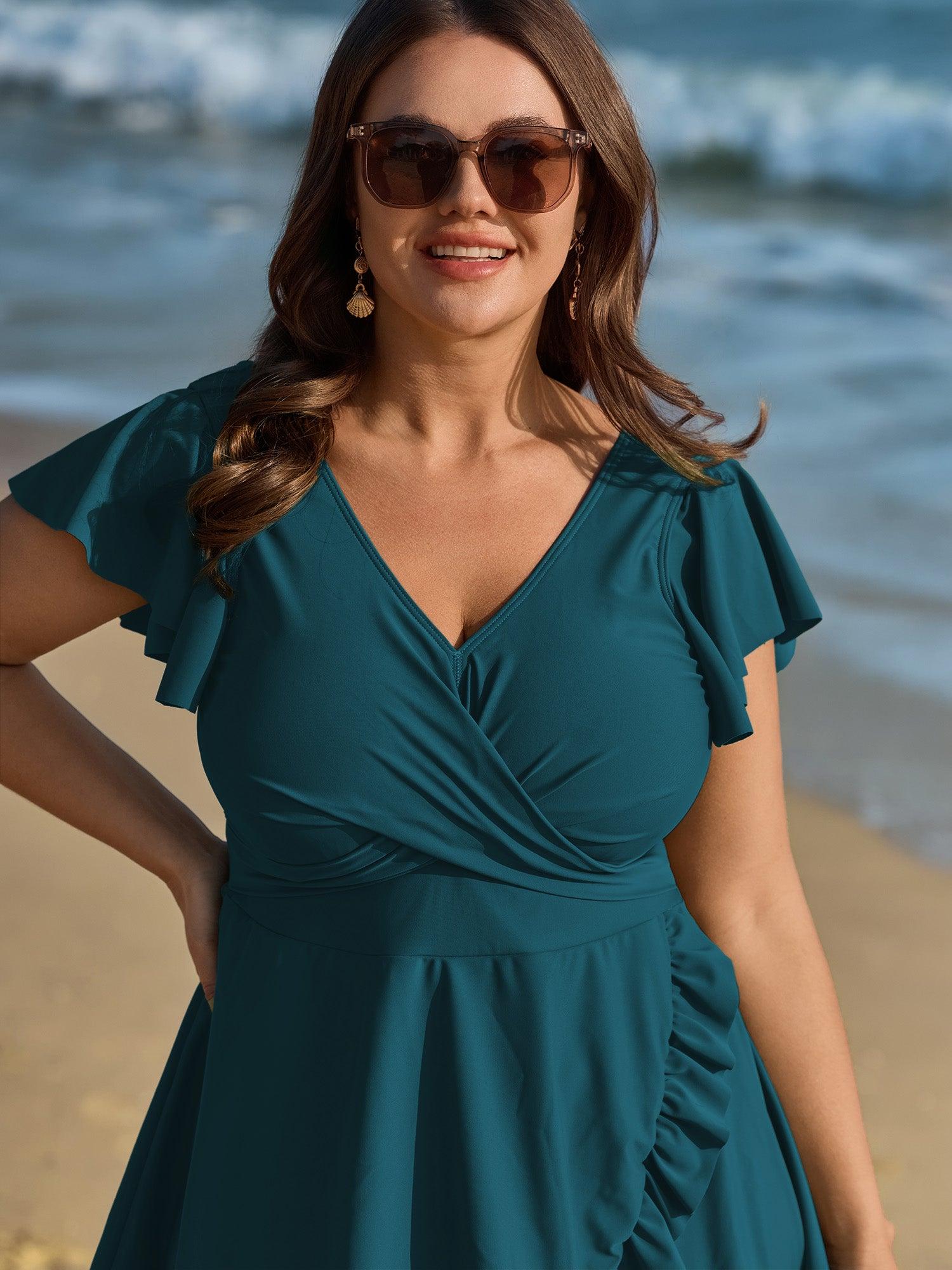 Ruffled Sleeve Curvy Hem Swim Dress Female Product Image
