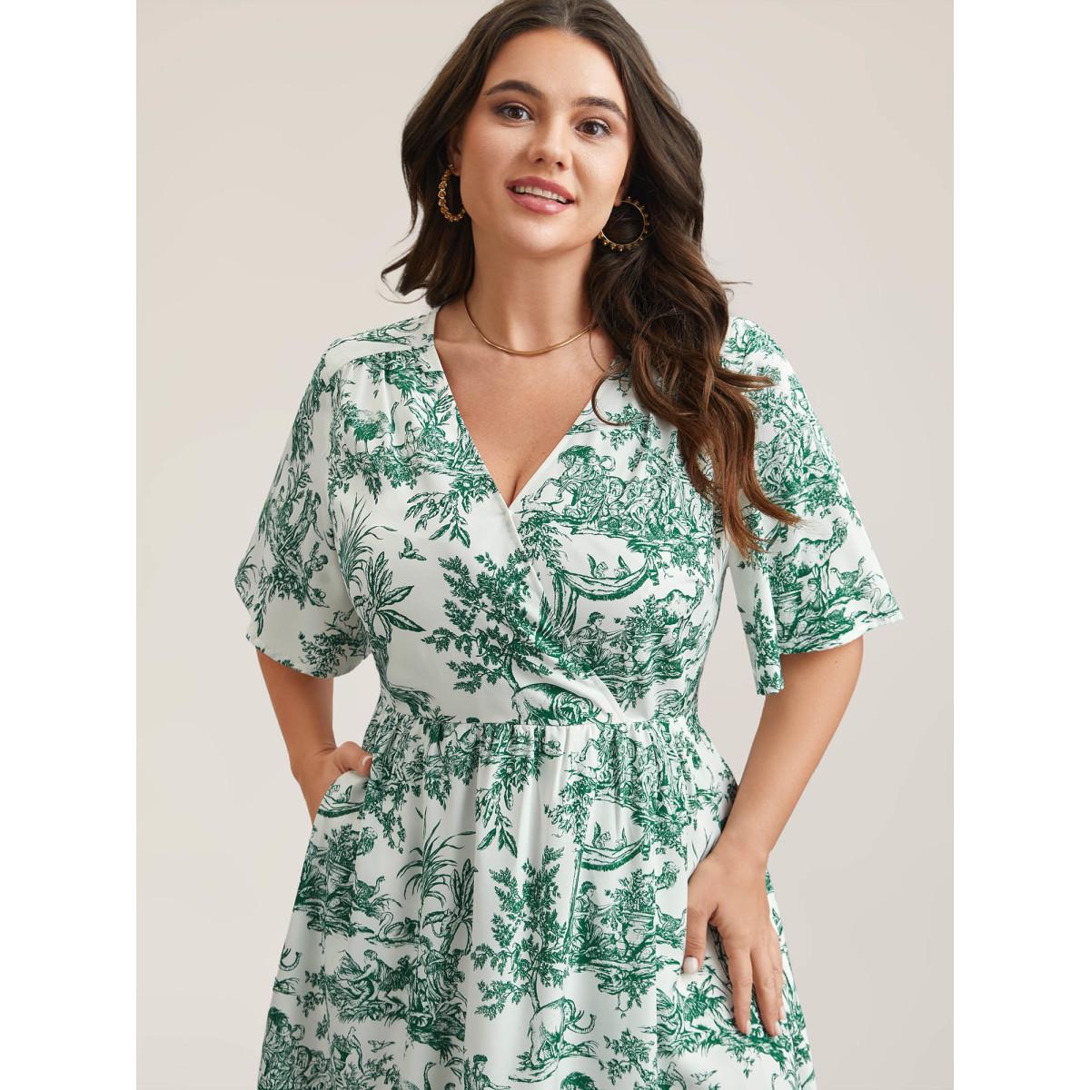 Plus Size Forest Print Waist-Cinched Surplice Neck Dress Emerald Women Elegant Non Overlap Collar Half Sleeve Curvy BloomChic 10/M Product Image